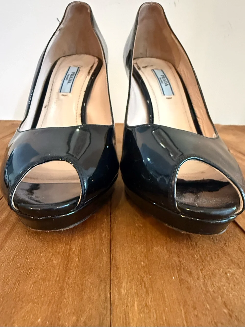 Prada. Vernice Nero Black Patent Peep Toe Platform Heels. Size 8.